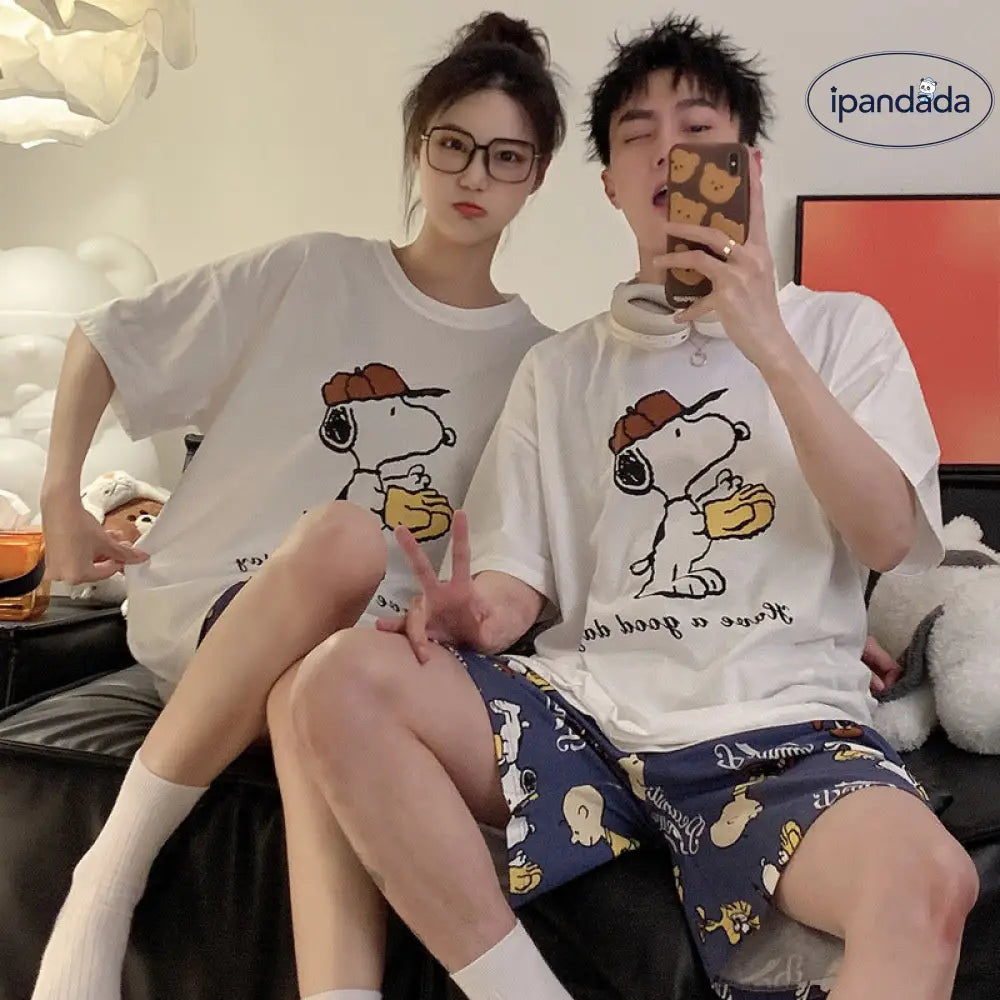 夏 パジャマ スヌーピー カップル レディース 半袖 ショートパンツ セット 男女兼用 コットン ルームウェア 2点セット ID4711