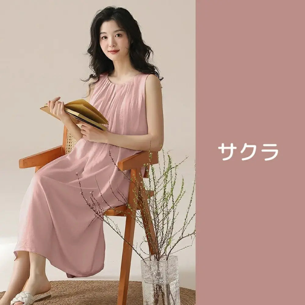 ID1604 ルームウェア レディース パジャマ ワンピース コットン 部屋着 カップ付き 女の子 可愛い シンプル 無地 リラックスウェア 夏用 軽量 涼感 速乾 通気性 大きいサイズ ロング丈 胸パッド付き 夏 オールシーズン M