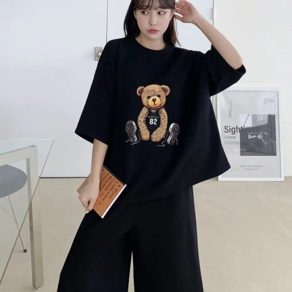 ID1484 夏新作 カジュアルセットアップ レディース 半袖Tシャツ ワイドショートパンツ シャーロット風 2点セット ブラック / M 外出着>セットアップ