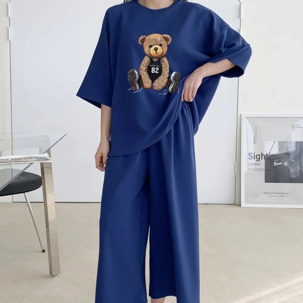 ID1484 夏新作 カジュアルセットアップ レディース 半袖Tシャツ ワイドショートパンツ シャーロット風 2点セット ブルー / M 外出着>セットアップ