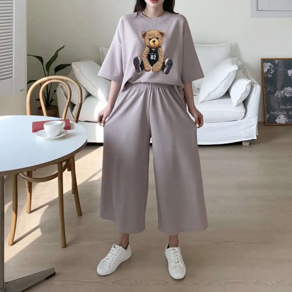 ID1484 夏新作 カジュアルセットアップ レディース 半袖Tシャツ ワイドショートパンツ シャーロット風 2点セット グレー / M 外出着>セットアップ