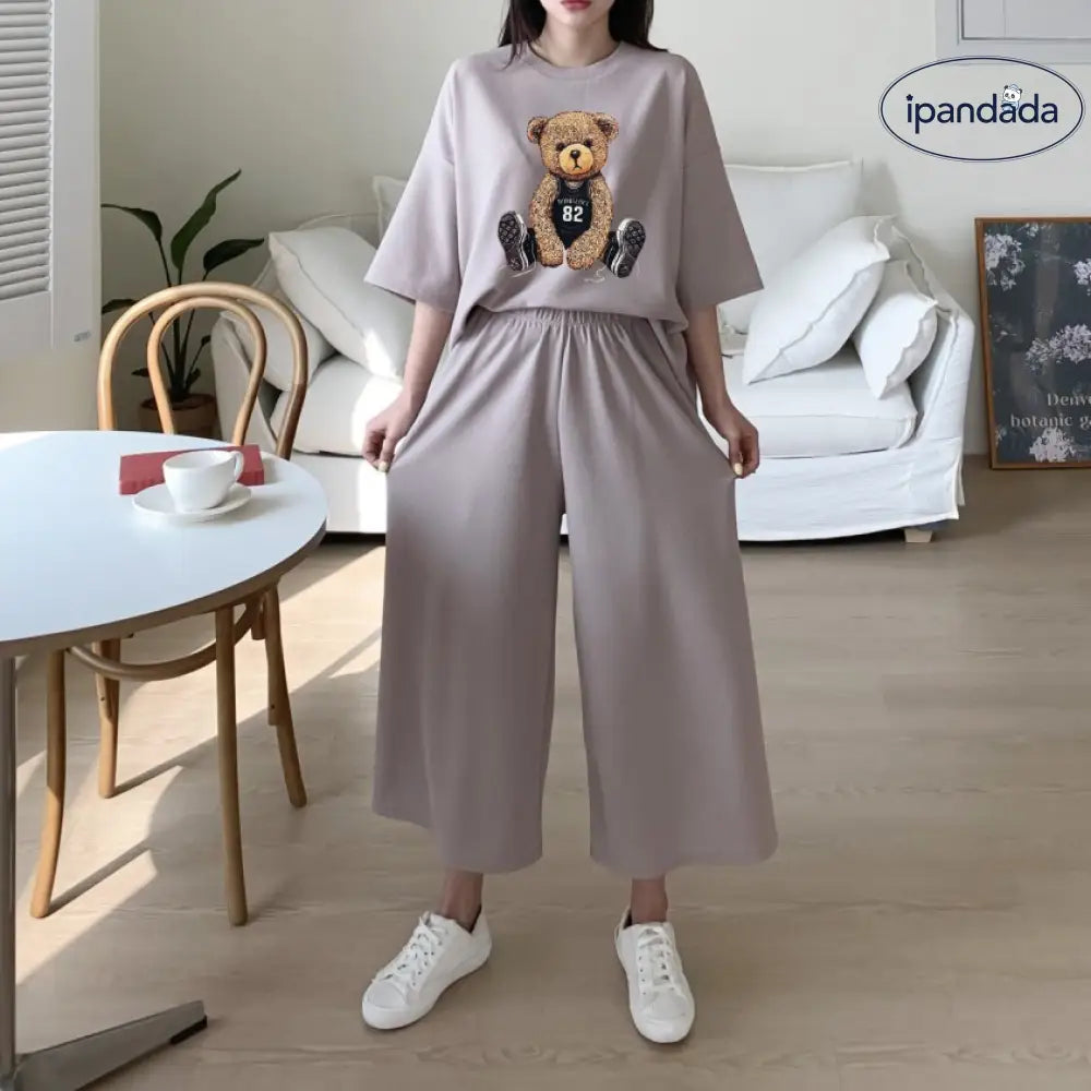 ID1484 夏新作 カジュアルセットアップ レディース 半袖Tシャツ ワイドショートパンツ シャーロット風 2点セット グレー / M 外出着>セットアップ