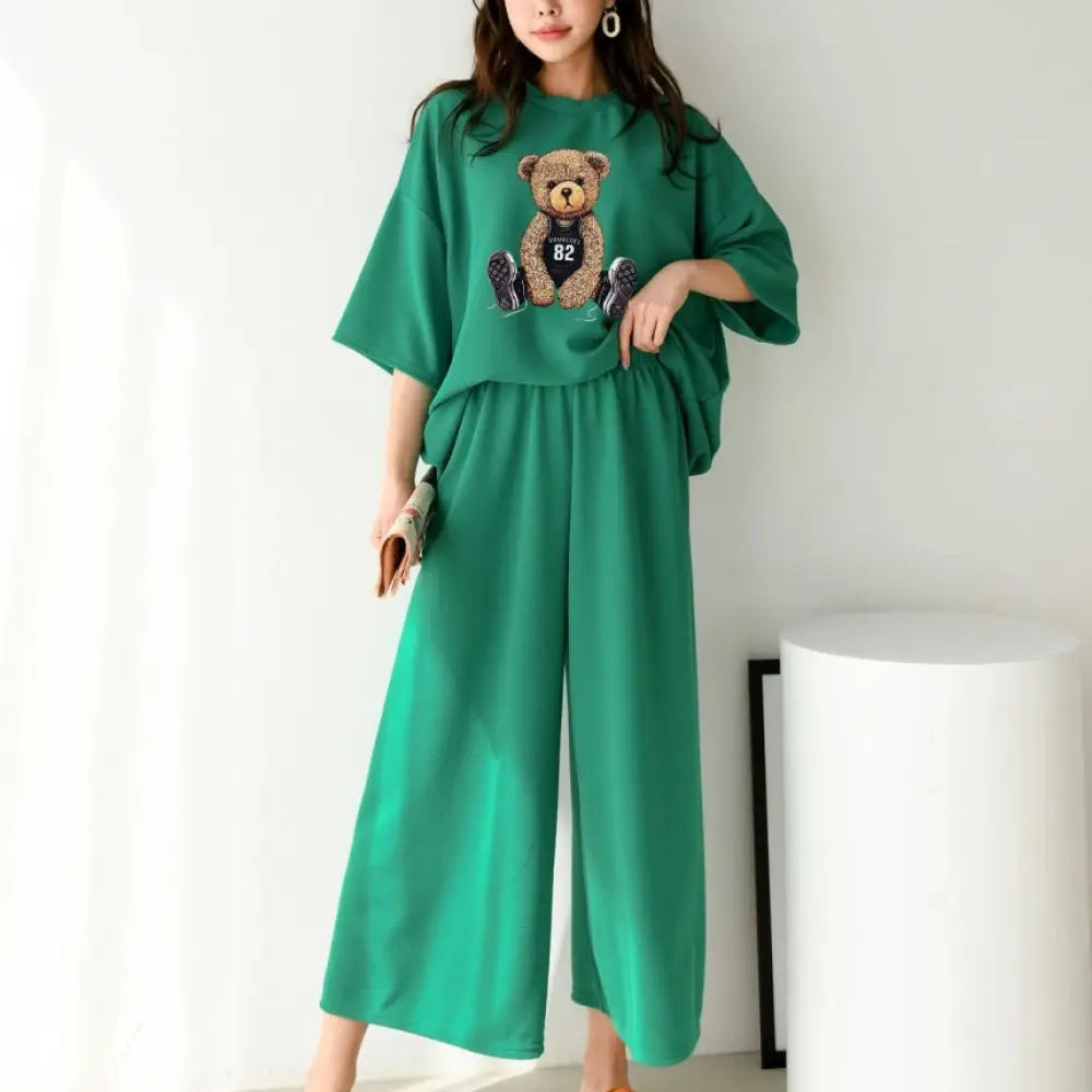 ID1484 夏新作 カジュアルセットアップ レディース 半袖Tシャツ ワイドショートパンツ シャーロット風 2点セット グリーン / M 外出着>セットアップ