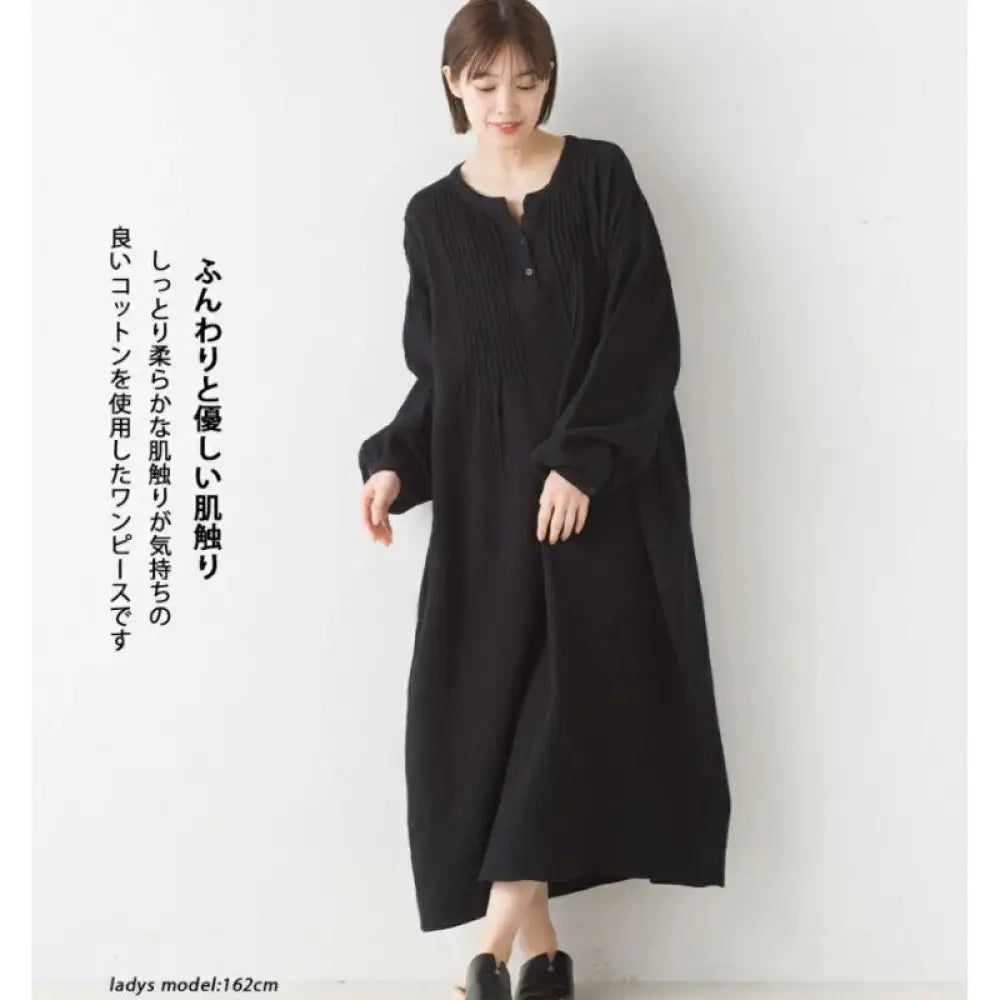 夏新作 コットンリネン シンプル アートスタイル Vネック ゆったり スリム 見え 長袖 ミディ丈 ワンピース レディース ID2059 ブラック / フリー 外出着>ワンピース