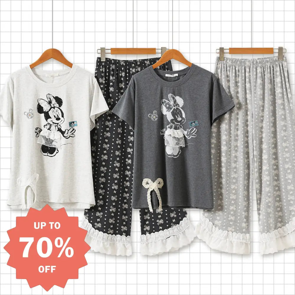 夏新作 レースリボン付き パジャマ セットアップ 2点セット ゆったり 部屋着 寝巻 ルーズ可愛い カートゥーン柄 半袖 パンツセット レディース ルームウェア ID4596 レディース＞セットアップ