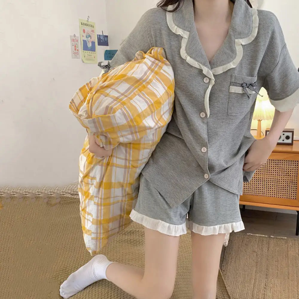 ID746 夏 新作 ショートパンツ 半袖 セット インスタ パジャマ レディース かわいい リボン デザイン シンプル ネット 赤 人気 半袖 ショートパンツ ゆったり 薄手 カジュアル ルームウェア セット グレー / M