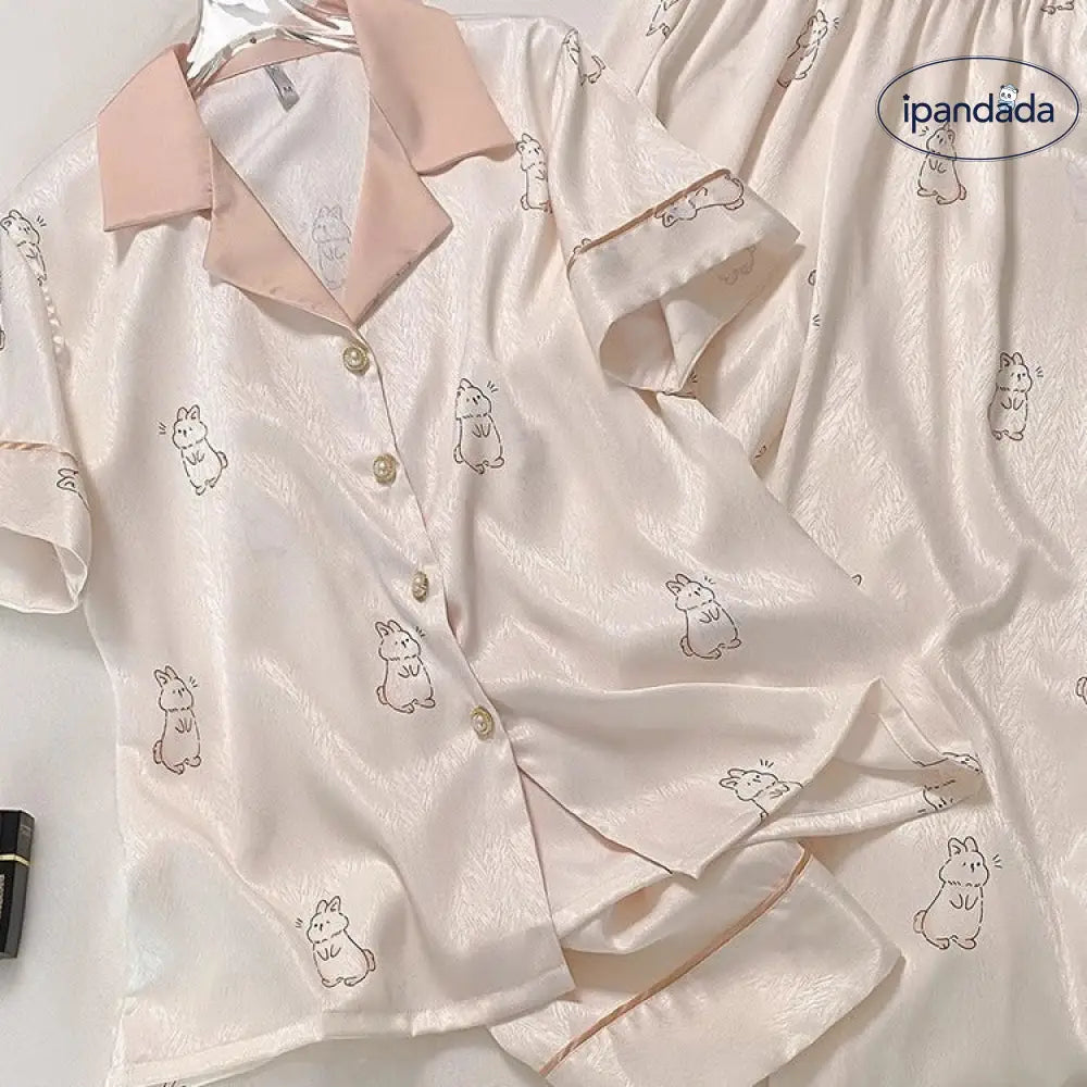 ID1340 夏用 アイスシルク カーディガン＆ショートパンツ セット うさぎプリント リボン縁 少女系 サラふわ肌触り 薄手ひんやり 抗菌 通気性抜群 おうちリラックス
