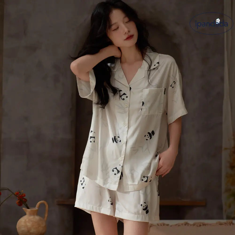 ID1099 夏用 アイスシルク パジャマ セット 男女兼用 半袖 ショートパンツ 涼感 ゆったり 可愛い キャラクター ルームウェア カップル＞セットアップ