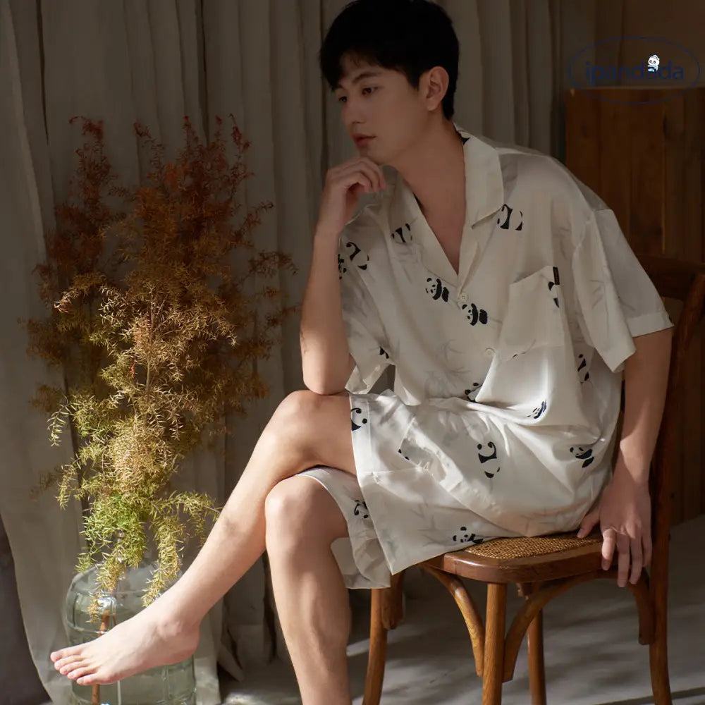 ID1099 夏用 アイスシルク パジャマ セット 男女兼用 半袖 ショートパンツ 涼感 ゆったり 可愛い キャラクター ルームウェア カップル＞セットアップ