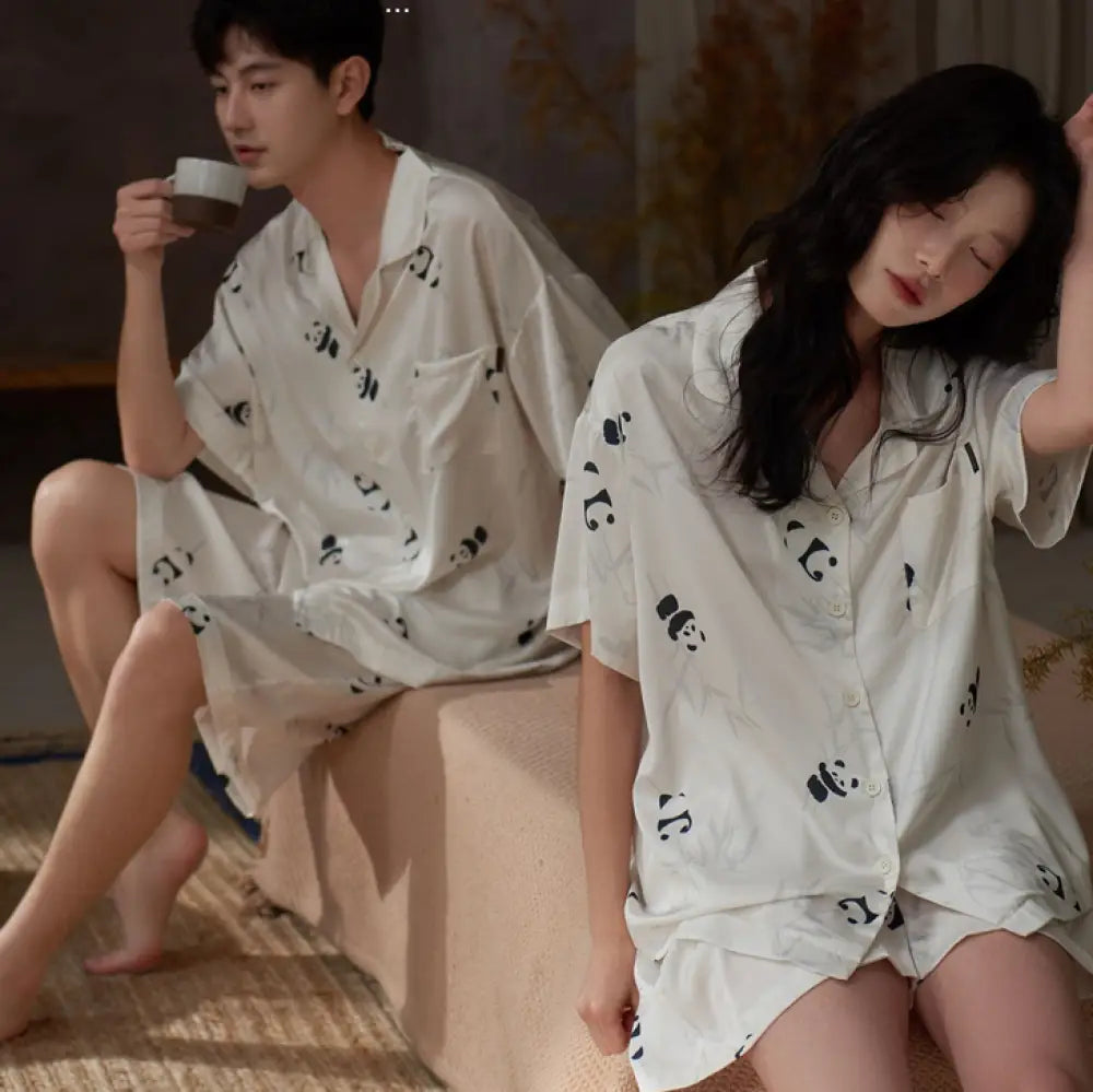 ID1099 夏用 アイスシルク パジャマ セット 男女兼用 半袖 ショートパンツ 涼感 ゆったり 可愛い キャラクター ルームウェア 写真通り① / レディースＭ カップル＞セットアップ