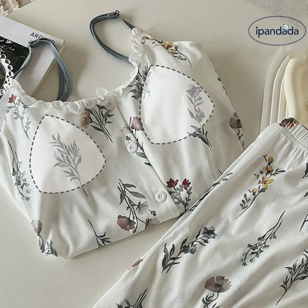 ID1236 夏用 アイスシルク リブ編み 花柄プリント レースフリル 胸パッド付き ストラップ＆ショートパンツ＆カーディガン 3点セット ホーム＆外出用 薄手 涼感 レディース＞セットアップ