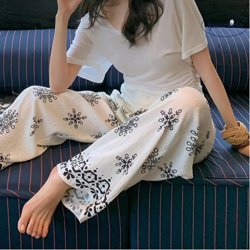 ID1331 夏用 ボヘミアン エスニック ビンテージプリント ハイウエスト ワイドパンツ ルーズ 薄手軽量 涼感 通気性抜群 抗菌 おしゃれ ホーム＆外出用