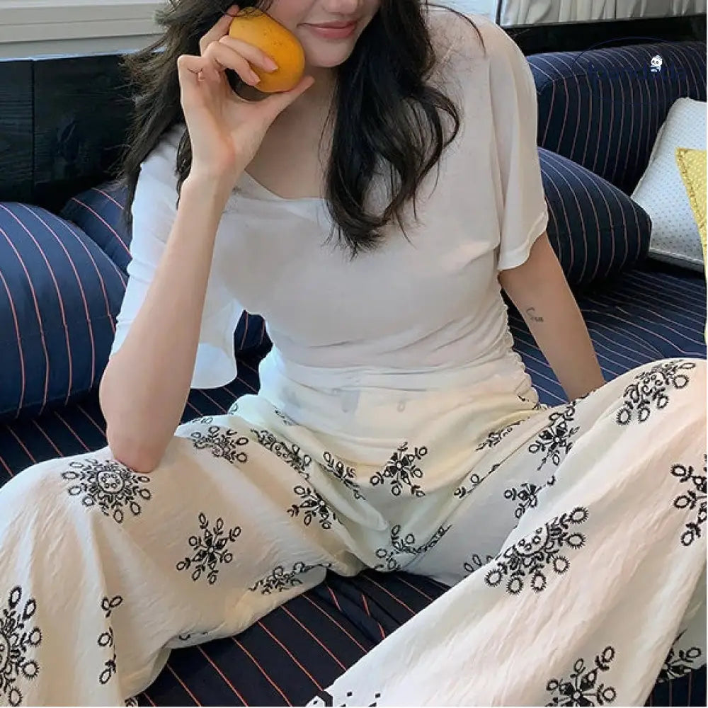 ID1331 夏用 ボヘミアン エスニック ビンテージプリント ハイウエスト ワイドパンツ ルーズ 薄手軽量 涼感 通気性抜群 抗菌 おしゃれ ホーム＆外出用