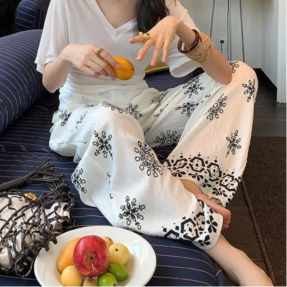 ID1331 夏用 ボヘミアン エスニック ビンテージプリント ハイウエスト ワイドパンツ ルーズ 薄手軽量 涼感 通気性抜群 抗菌 おしゃれ ホーム＆外出用