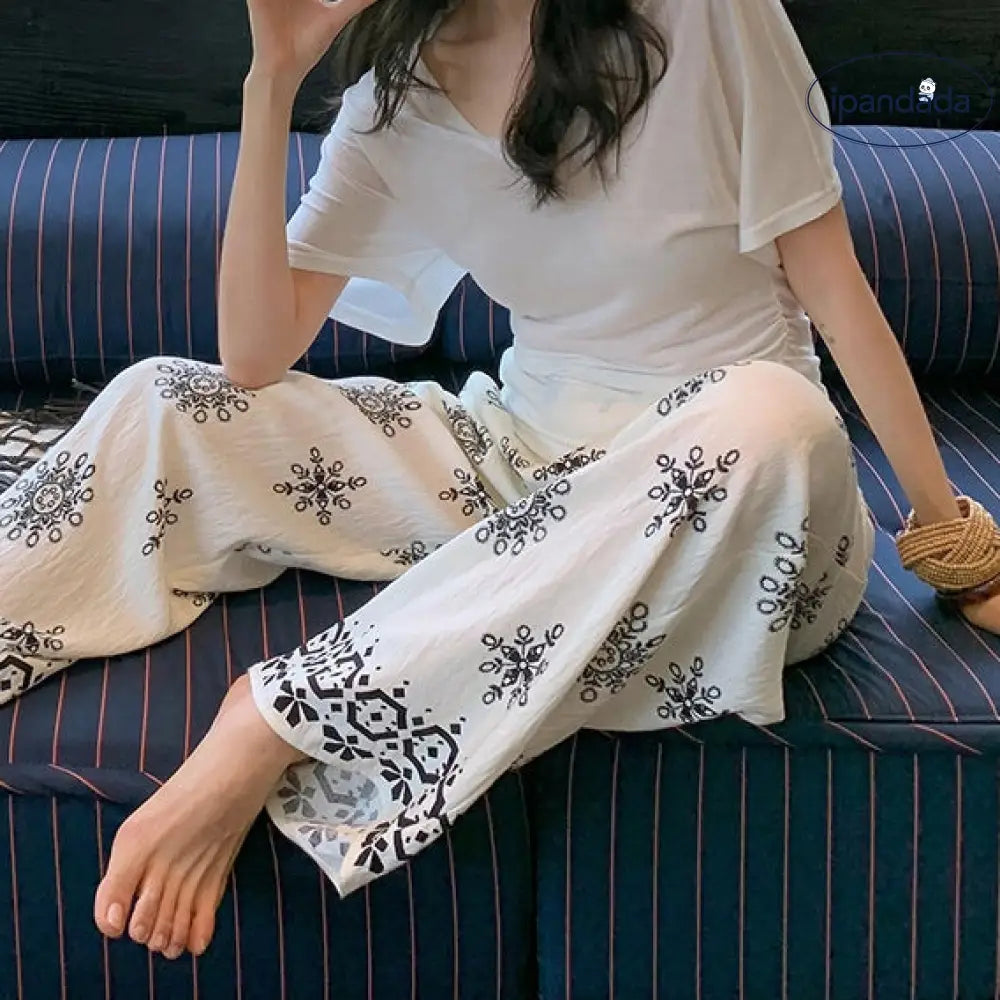 ID1331 夏用 ボヘミアン エスニック ビンテージプリント ハイウエスト ワイドパンツ ルーズ 薄手軽量 涼感 通気性抜群 抗菌 おしゃれ ホーム＆外出用