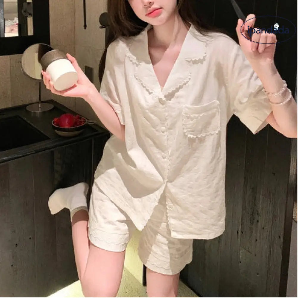 ID1287 夏用 韓国風 インスタ人気 レトロ ハートレース フレンチリブ 半袖 ショートパンツ セット 薄手 涼感 抗菌 通気性抜群 おしゃれ かわいい