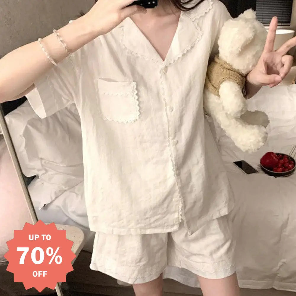 ID1287 夏用 韓国風 インスタ人気 レトロ ハートレース フレンチリブ 半袖 ショートパンツ セット 薄手 涼感 抗菌 通気性抜群 おしゃれ かわいい