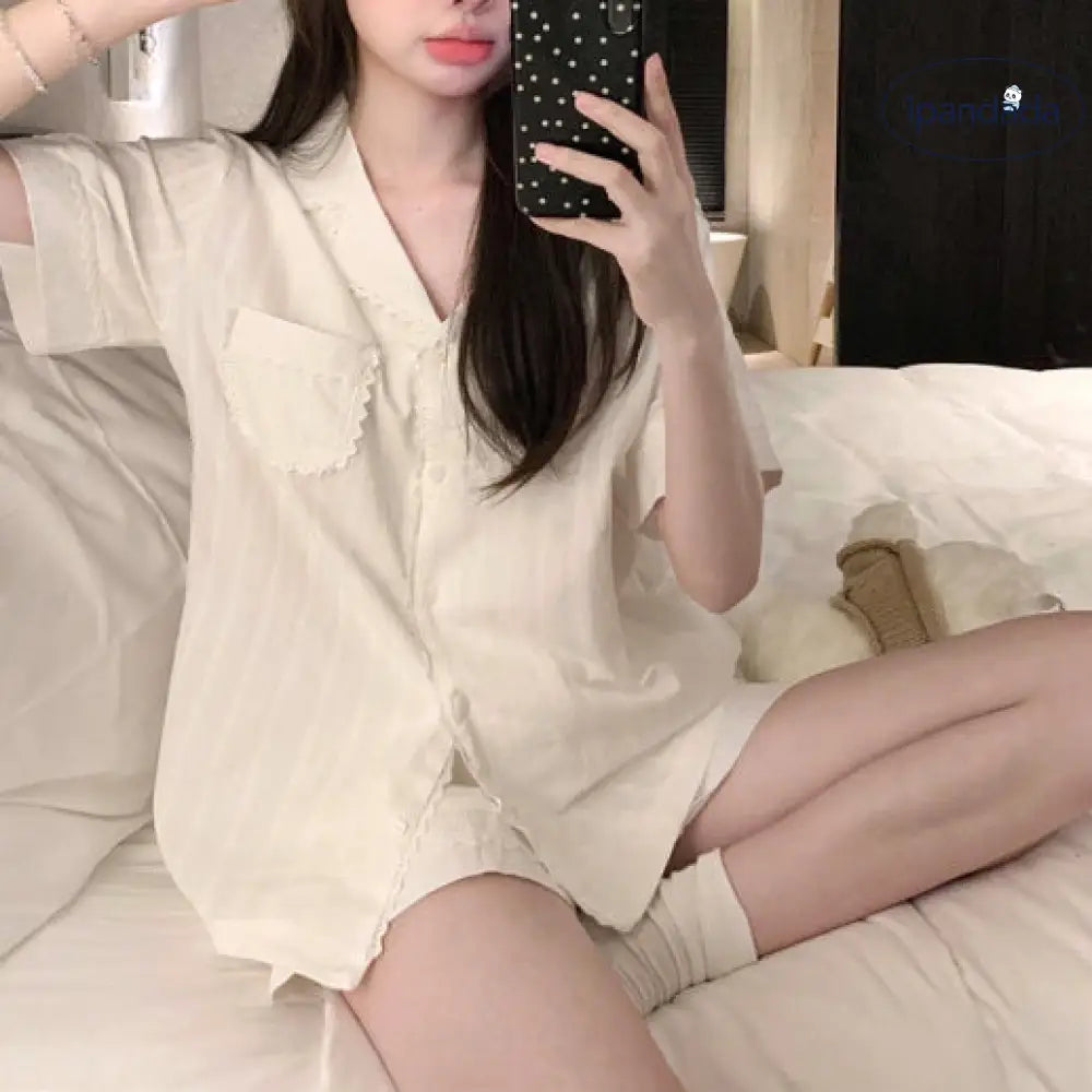 ID1287 夏用 韓国風 インスタ人気 レトロ ハートレース フレンチリブ 半袖 ショートパンツ セット 薄手 涼感 抗菌 通気性抜群 おしゃれ かわいい