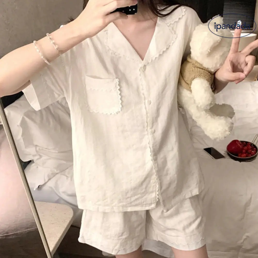 ID1287 夏用 韓国風 インスタ人気 レトロ ハートレース フレンチリブ 半袖 ショートパンツ セット 薄手 涼感 抗菌 通気性抜群 おしゃれ かわいい 写真通り（2点セット） / フリー レディース＞セットアップ