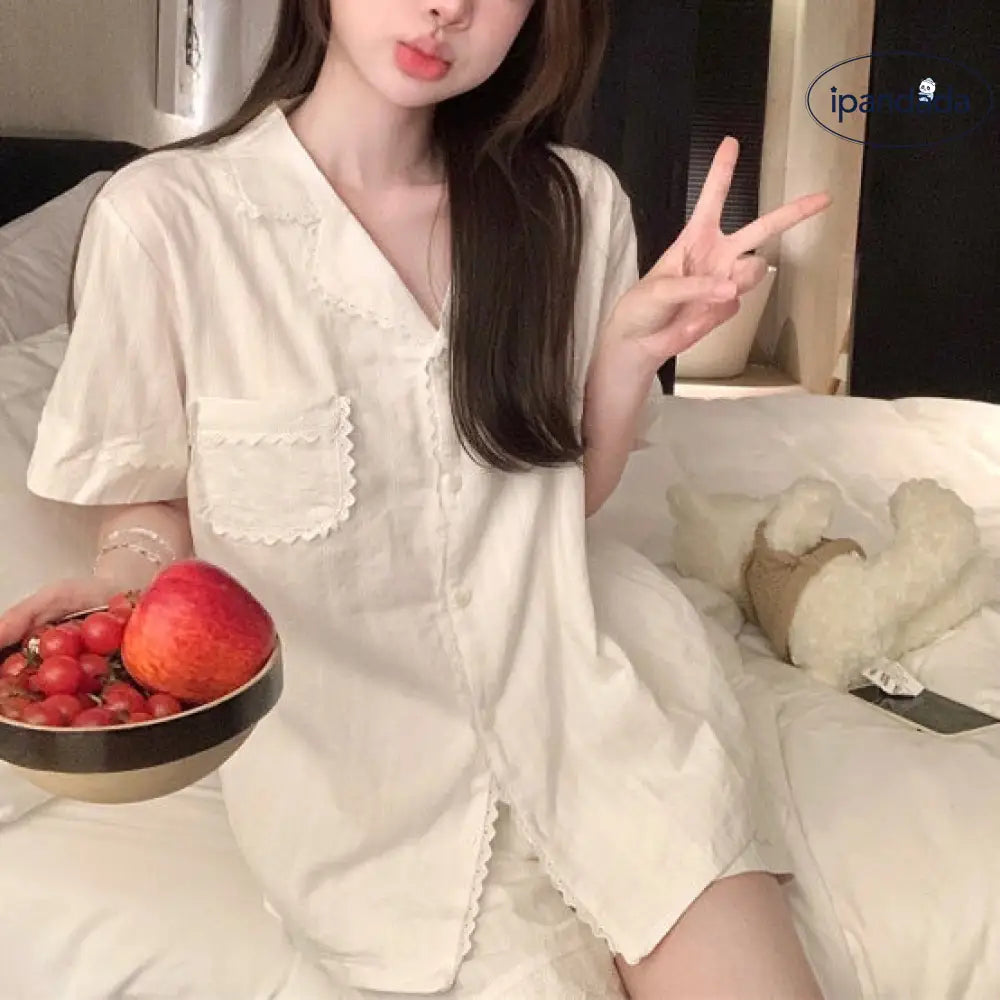 ID1287 夏用 韓国風 インスタ人気 レトロ ハートレース フレンチリブ 半袖 ショートパンツ セット 薄手 涼感 抗菌 通気性抜群 おしゃれ かわいい