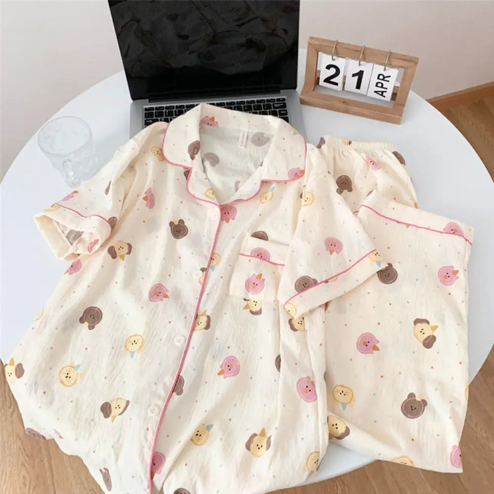 ID968 夏用 クラウドコットン 半袖 3点セット カートゥーンベア パジャマ 女の子 日系 かわいい 学生向け 家居服 レディース＞セットアップ
