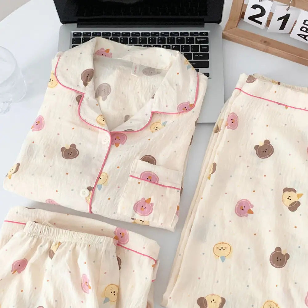 ID968 夏用 クラウドコットン 半袖 3点セット カートゥーンベア パジャマ 女の子 日系 かわいい 学生向け 家居服 写真通り（3点セット） / L レディース＞セットアップ