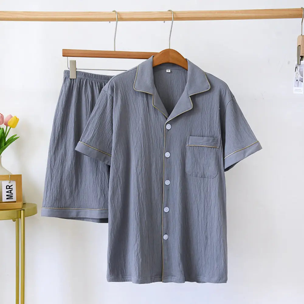 ID1660 夏用 綿 パジャマセットレディース＆メンズ 半袖シャツ ショートパンツ 薄手 通気性抜群 リバーシブルカラー ボタン開閉 ブルー / メンズM カップル>セットアップ