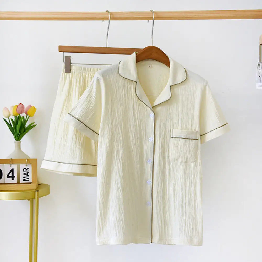 ID1660 夏用 綿 パジャマセットレディース＆メンズ 半袖シャツ ショートパンツ 薄手 通気性抜群 リバーシブルカラー ボタン開閉 ホワイト / レディースＭ カップル>セットアップ
