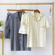 ID1660 夏用 綿 パジャマセットレディース＆メンズ 半袖シャツ ショートパンツ 薄手 通気性抜群 リバーシブルカラー ボタン開閉