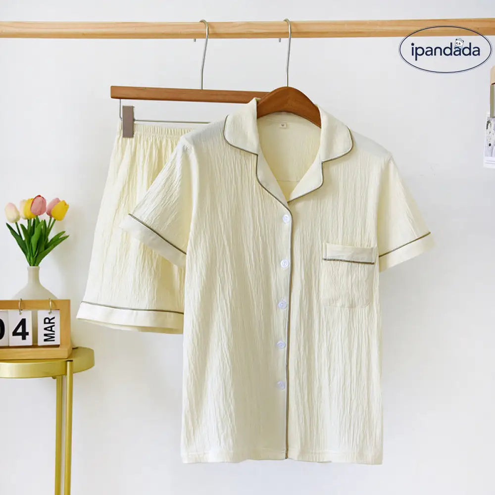 ID1660 夏用 綿 パジャマセットレディース＆メンズ 半袖シャツ ショートパンツ 薄手 通気性抜群 リバーシブルカラー ボタン開閉