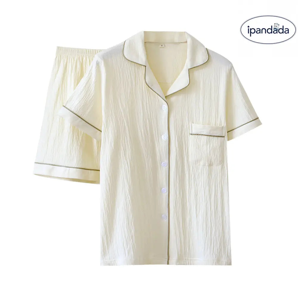 ID1660 夏用 綿 パジャマセットレディース＆メンズ 半袖シャツ ショートパンツ 薄手 通気性抜群 リバーシブルカラー ボタン開閉