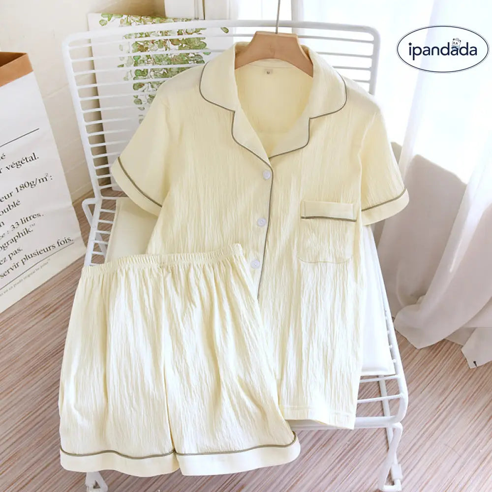 ID1660 夏用 綿 パジャマセットレディース＆メンズ 半袖シャツ ショートパンツ 薄手 通気性抜群 リバーシブルカラー ボタン開閉