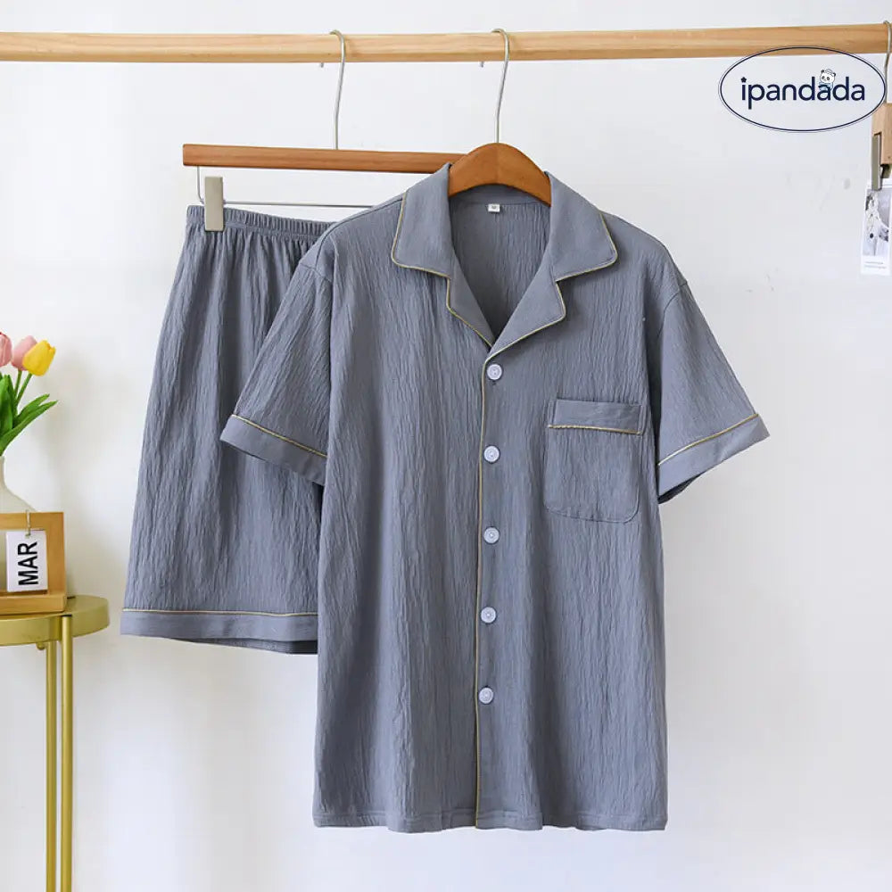 ID1660 夏用 綿 パジャマセットレディース＆メンズ 半袖シャツ ショートパンツ 薄手 通気性抜群 リバーシブルカラー ボタン開閉