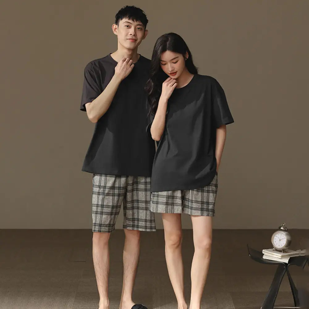 ID1100 夏用 綿100% パジャマセット 男女兼用 半袖 ショートパンツ 薄手 丸首 おしゃれ 外出着OK ルームウェア カップル＞セットアップ