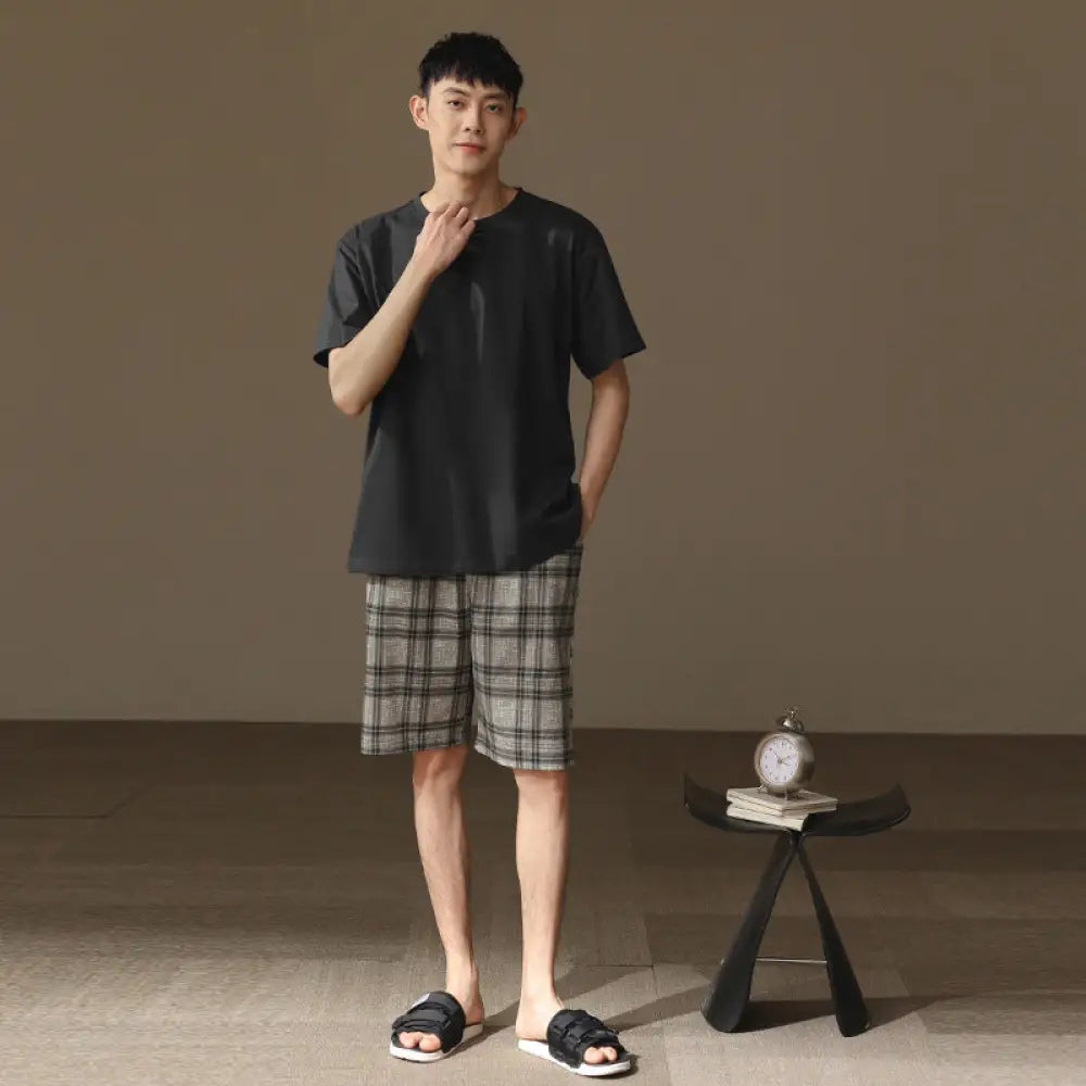 ID1100 夏用 綿100% パジャマセット 男女兼用 半袖 ショートパンツ 薄手 丸首 おしゃれ 外出着OK ルームウェア カップル＞セットアップ
