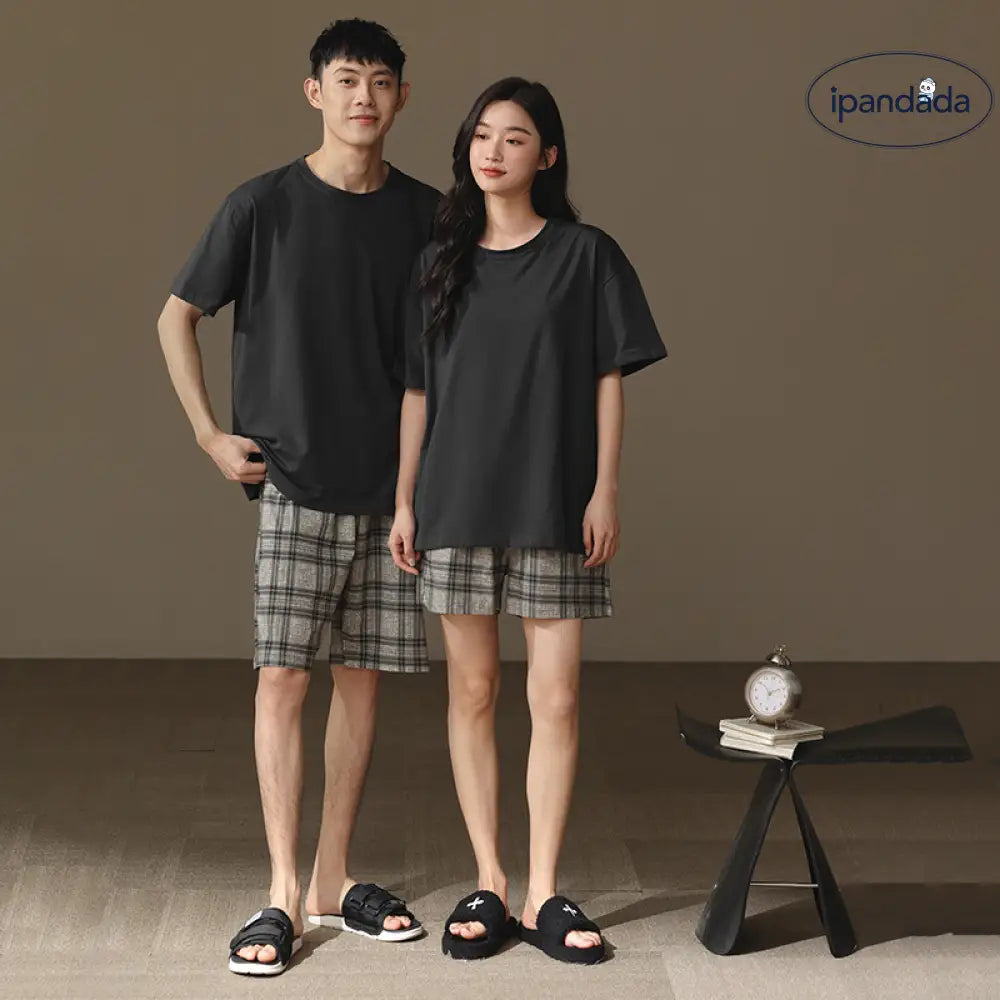 ID1100 夏用 綿100% パジャマセット 男女兼用 半袖 ショートパンツ 薄手 丸首 おしゃれ 外出着OK ルームウェア カップル＞セットアップ