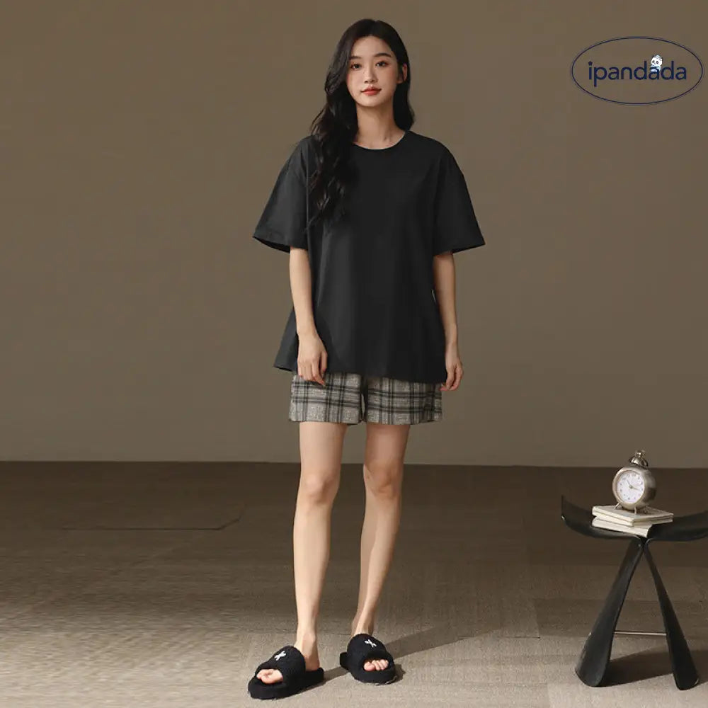 ID1100 夏用 綿100% パジャマセット 男女兼用 半袖 ショートパンツ 薄手 丸首 おしゃれ 外出着OK ルームウェア カップル＞セットアップ