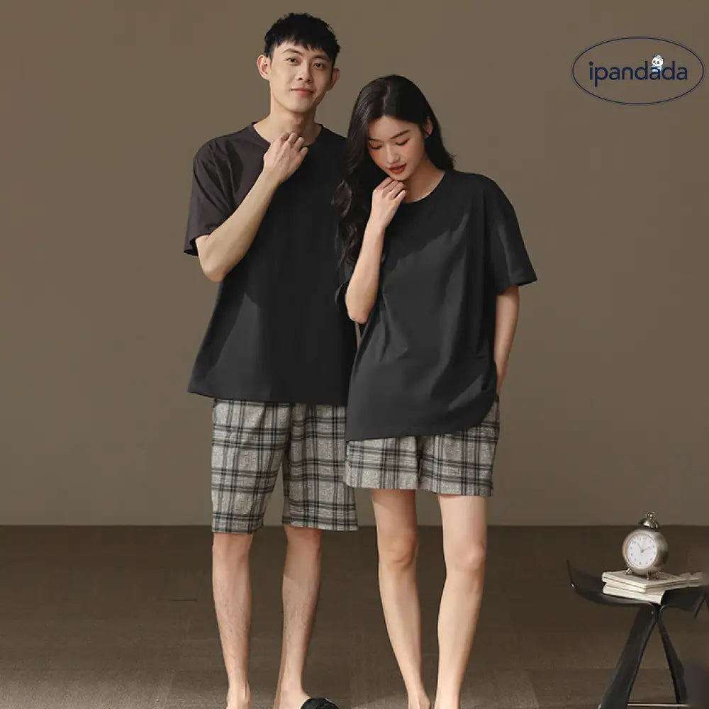ID1100 夏用 綿100% パジャマセット 男女兼用 半袖 ショートパンツ 薄手 丸首 おしゃれ 外出着OK ルームウェア カップル＞セットアップ
