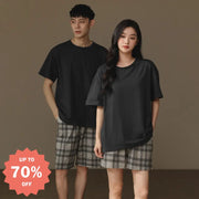 ID1100 夏用 綿100% パジャマセット 男女兼用 半袖 ショートパンツ 薄手 丸首 おしゃれ 外出着OK ルームウェア 写真通り① / レディースＭ カップル＞セットアップ