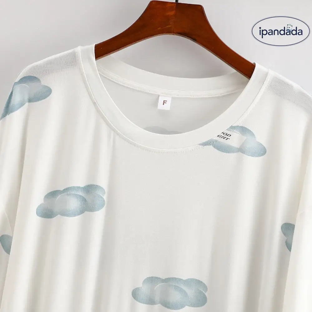 夏用 モダール 半袖 ネック ルーズ ワンピース パジャマ 女性用 ルームウェア 薄手 ワンピース ID4657 - ホワイト / フリー