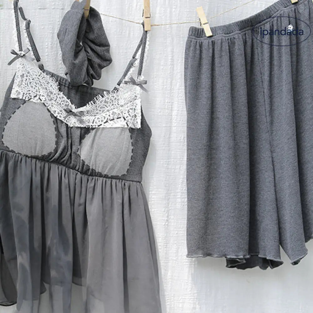 ID1254 夏用 モダール レース 立体リボン 胸パッド付き ストラップ＆ショートパンツ セット 薄手 涼感 抗菌 通気性抜群 おしゃれ かわいい 洗濯OK レディース＞セットアップ