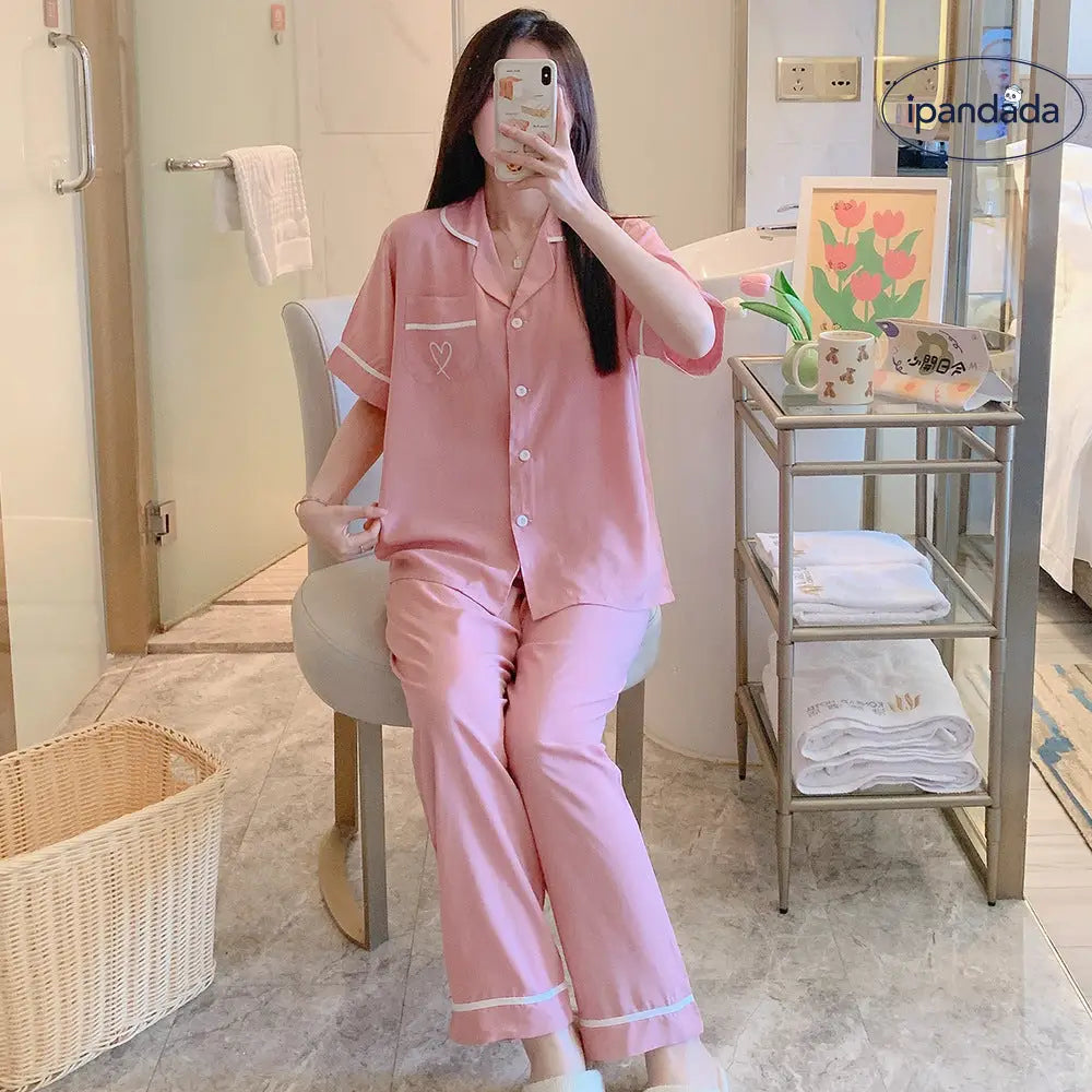 ID1544 【夏用】おそろい カップルパジャマ コットンレーヨン 半袖＆ロングパンツ 韓国トレンド ゆったりシンプル 接触冷感 洗濯機OK 2点セット