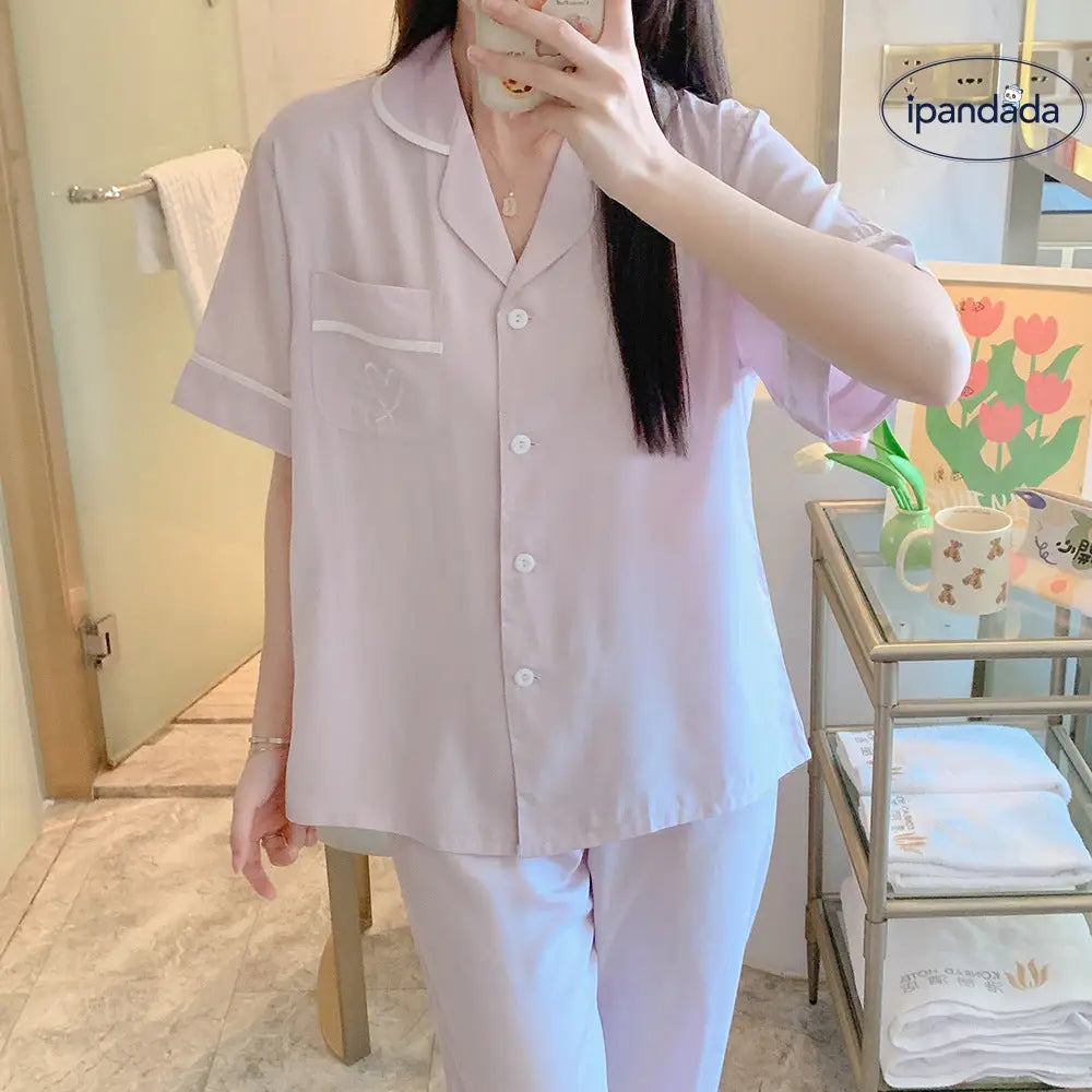 ID1544 【夏用】おそろい カップルパジャマ コットンレーヨン 半袖＆ロングパンツ 韓国トレンド ゆったりシンプル 接触冷感 洗濯機OK 2点セット
