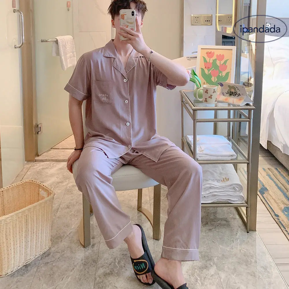 ID1544 【夏用】おそろい カップルパジャマ コットンレーヨン 半袖＆ロングパンツ 韓国トレンド ゆったりシンプル 接触冷感 洗濯機OK 2点セット