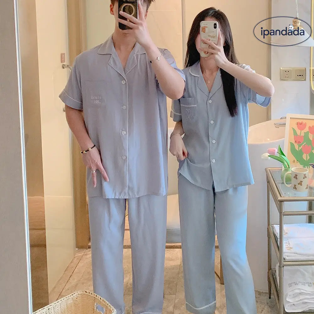 ID1544 【夏用】おそろい カップルパジャマ コットンレーヨン 半袖＆ロングパンツ 韓国トレンド ゆったりシンプル 接触冷感 洗濯機OK 2点セット