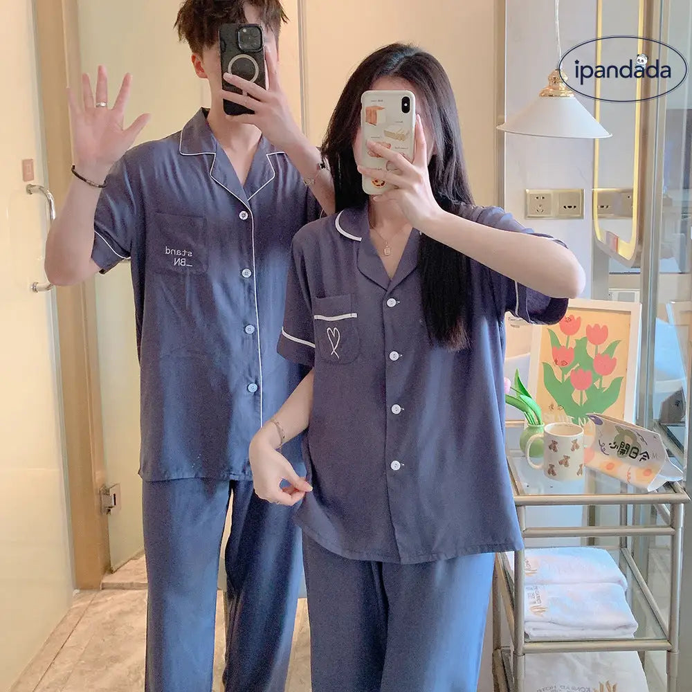 ID1544 【夏用】おそろい カップルパジャマ コットンレーヨン 半袖＆ロングパンツ 韓国トレンド ゆったりシンプル 接触冷感 洗濯機OK 2点セット