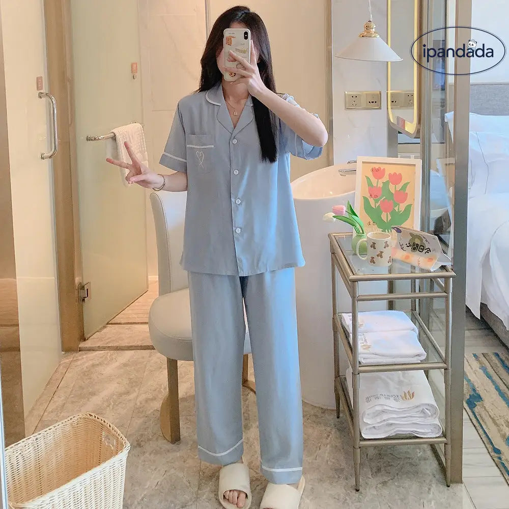 ID1544 【夏用】おそろい カップルパジャマ コットンレーヨン 半袖＆ロングパンツ 韓国トレンド ゆったりシンプル 接触冷感 洗濯機OK 2点セット