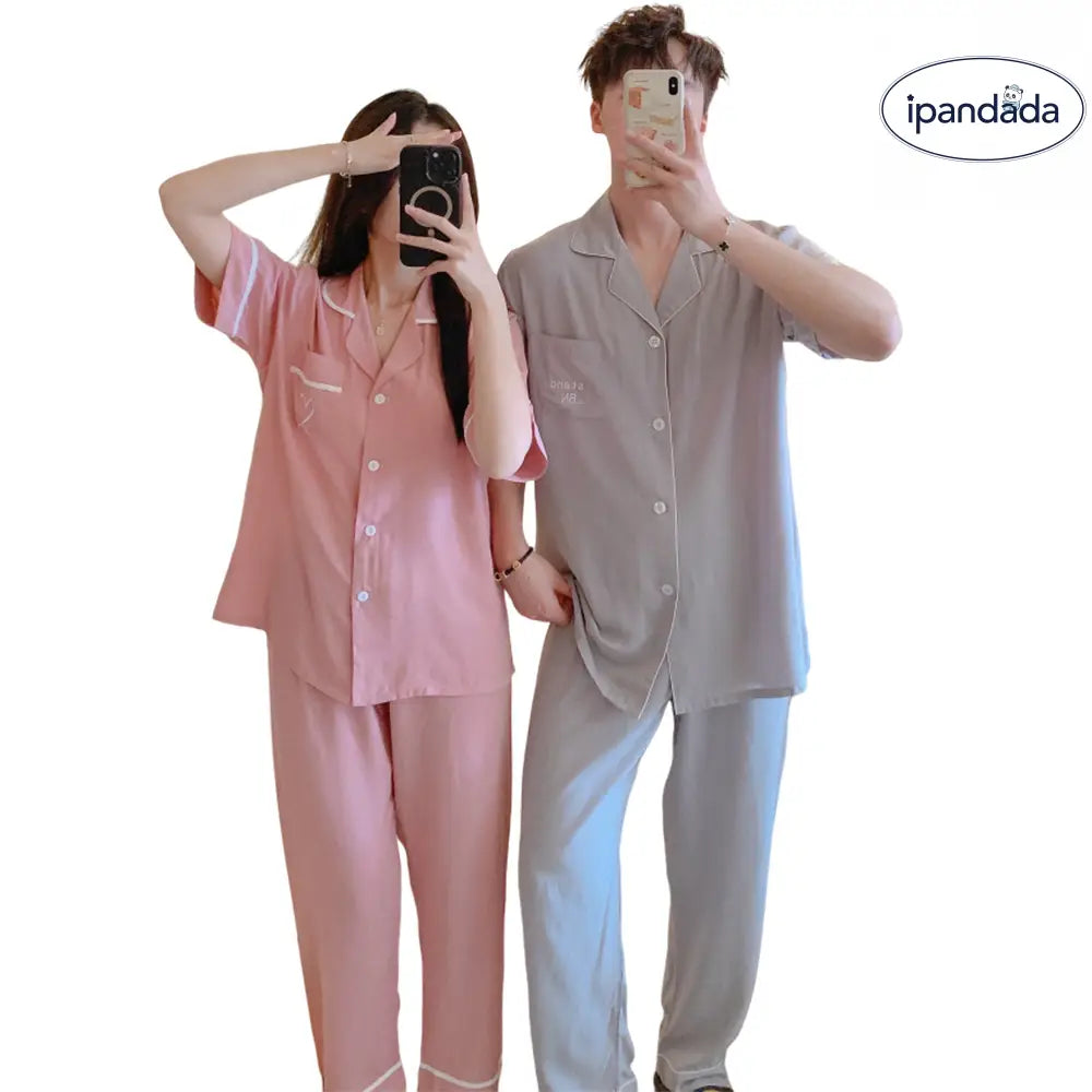 ID1544 【夏用】おそろい カップルパジャマ コットンレーヨン 半袖＆ロングパンツ 韓国トレンド ゆったりシンプル 接触冷感 洗濯機OK 2点セット