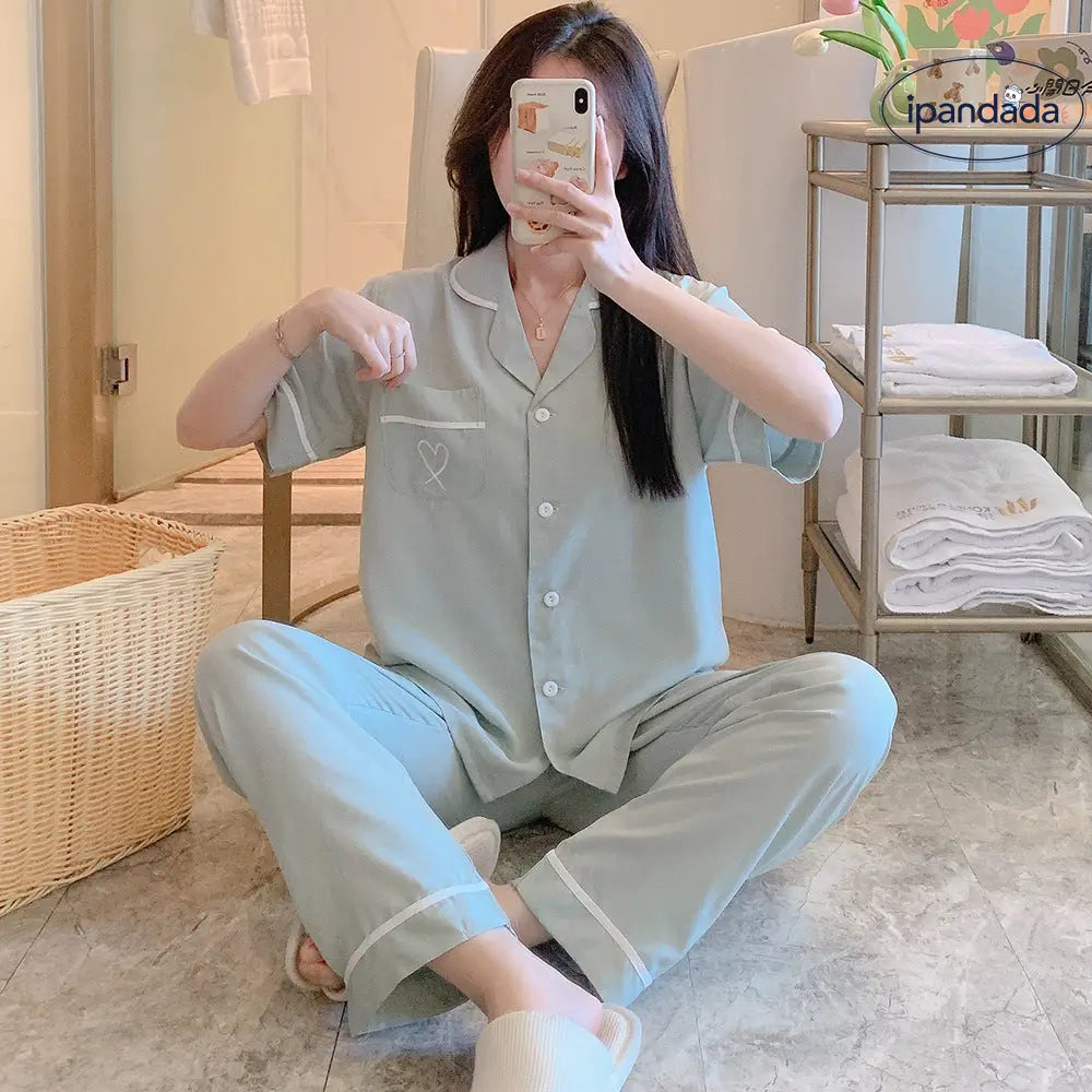 ID1544 【夏用】おそろい カップルパジャマ コットンレーヨン 半袖＆ロングパンツ 韓国トレンド ゆったりシンプル 接触冷感 洗濯機OK 2点セット