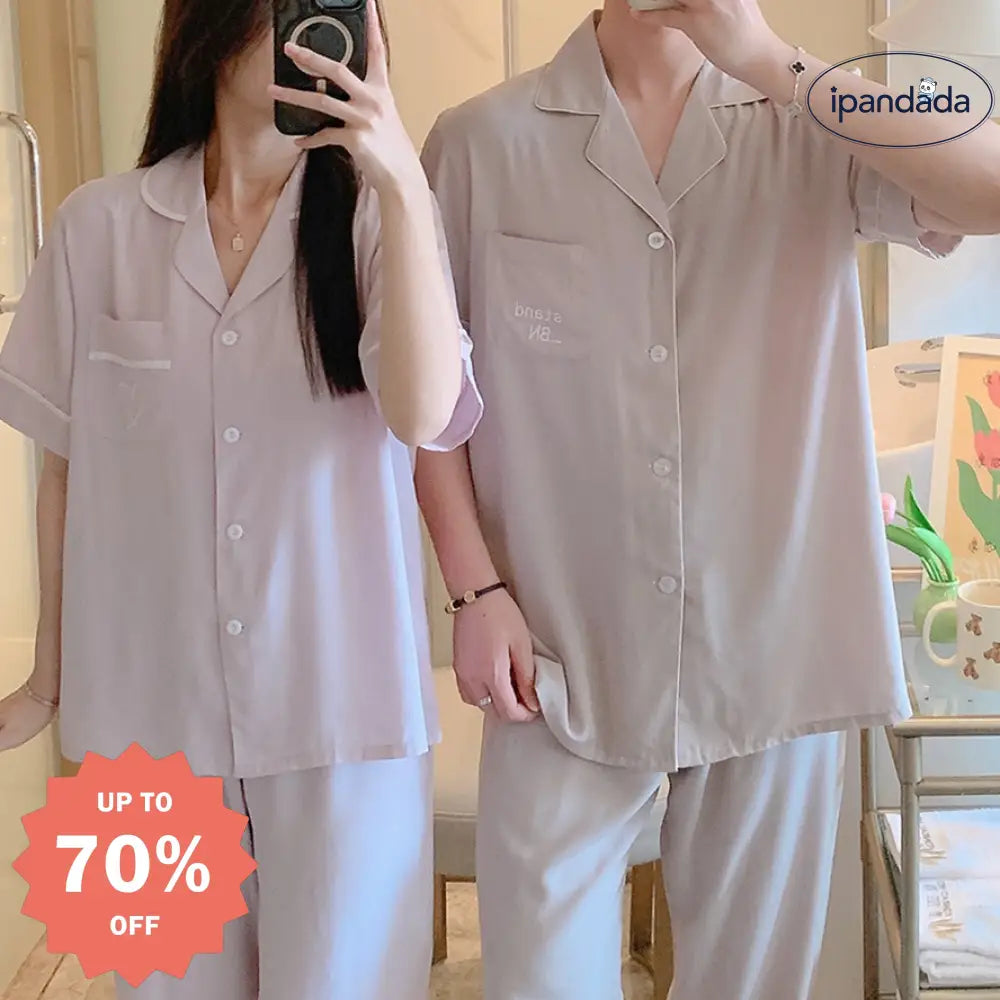 ID1544 【夏用】おそろい カップルパジャマ コットンレーヨン 半袖＆ロングパンツ 韓国トレンド ゆったりシンプル 接触冷感 洗濯機OK 2点セット カップル>セットアップ
